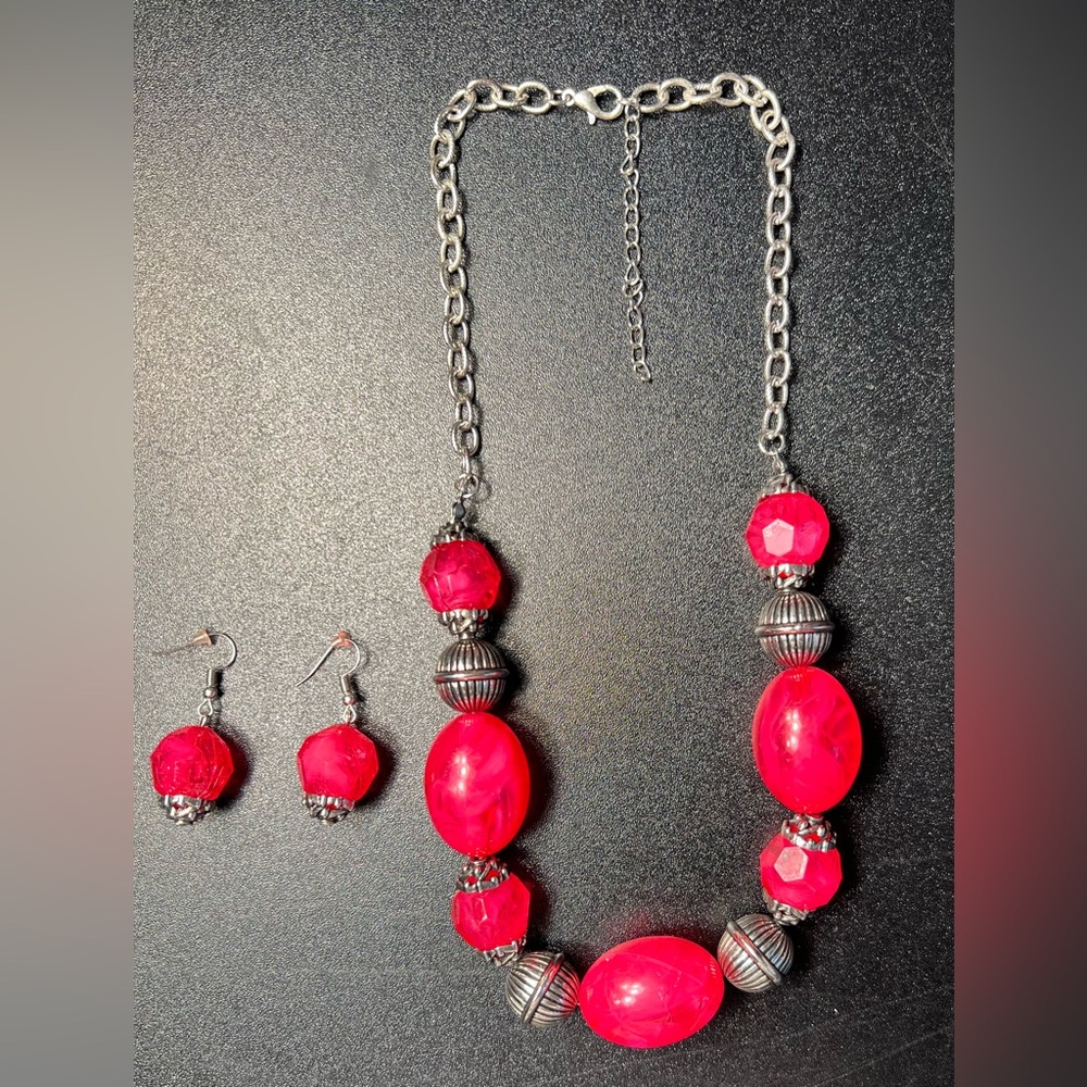 Fuschia Pink Bubblegum Marble Bead SilverTone Neckace Earrings Valentine's Day